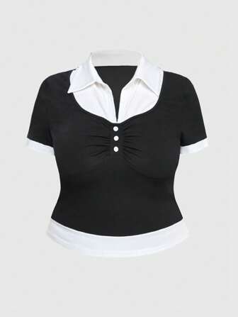 Goth 2 piezas Camisa de estilo vintage de academia oscura con botones, mangas cortas, cuello y empalmes de colores en bloque, talla grande