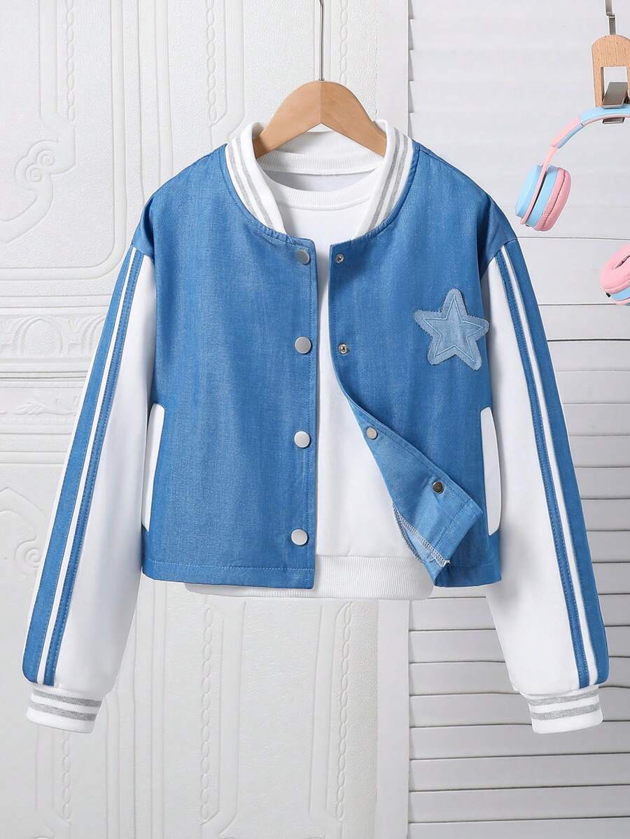 SHEIN Tween Girl Denim Patchwork Casual Jacket - Multicolor - View 1