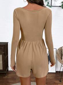 SHEIN LUNE Women Casual Solid Color Ruched Square Neck Long Sleeve Jumpsuit, Autumn/Winter - Khaki - View 2