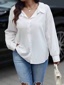 Calvaya Plus Size Solid Color Single Breasted Casual Daily Long Sleeve Shirt Fall Cloth For Women - White - View 2