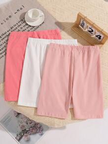 SHEIN 3 件套 Tween 女童纯色修身休闲紧身短裤 - 西瓜粉 - 查看 2