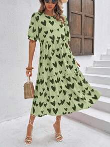 Breezaya Heart Print Loose Crew Neck Short Sleeve Casual Dress