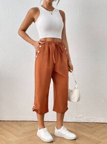 SHEIN LUNE Quần short dài vừa phải màu cam ngày lễ thường ngày dành cho nữ - Màu Cam cháy - Xem 5