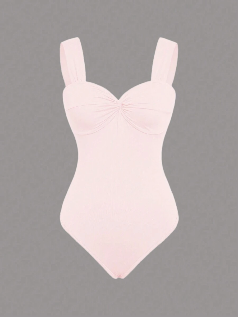 SHEIN Unity 女士纯色心形领扭纹宽肩带紧身连衣裤，休闲和度假