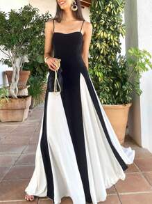 女士时尚拼接性感长裙优雅夏季派对度假节日服装黑色 - 黑色 - 查看 6