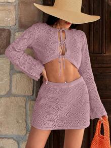 RueChic Hollow Out Cover Up Set, For Summer Beach Vacation - Pink - View 2