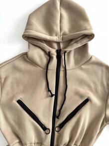 INAWLY Mono de manga larga con cremallera y bloque de color, con corte ajustado en la cintura, uso diario casual para mujer - Caqui - Ver 7