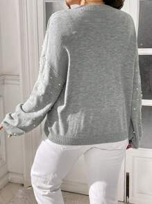 SHEIN Essnce Plus Size Women's Autumn And Winter Casual Loose Round Neck Long Sleeve Beaded Gray Pullover Sweater,Fall Women Clothes,Winter Tops,Fall Curv Outfits,Homecoming,Sweater Top - Grey - View 2