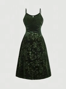 SHEIN MOD Plus Size Solid Color Flocked Embossed Flocked Waist Strap Mid-Length Dress - Green - View 2