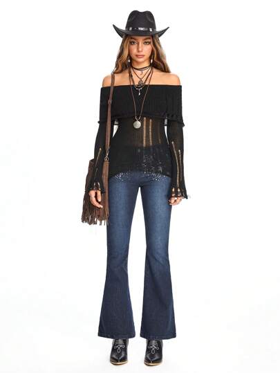 Fairycore Pull de mode délavé et simple avec épaules dénudées pour femmes