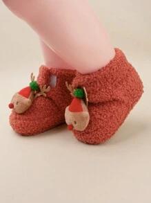 1 Pair Girls Cartoon Deer Pattern Hook And Loop Flat Casual Warm Boots, Orange, Suitable For Winter (Pattern May Vary)
