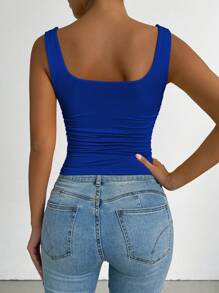 Chiquease Camiseta de tirantes ajustada de unicolor con cuello cuadrado y drapeado, casual de verano - azul real - Ver 2