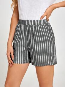 SHEIN LUNE 女士松紧腰条纹宽松休闲短裤 - 灰色 - 查看 3