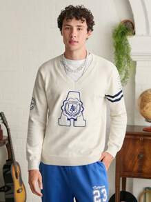 Manfinity EZcore V-Neck Letter Applique & Striped Print Long Sleeve Pullover Sweater - Apricot - View 1