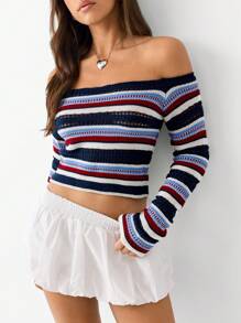 SHEIN Unity Off Shoulder Long Sleeve Striped Simple Sweater, Casual Daily Wear, Knit Pullover Fall Winter - Multicolor - View 6