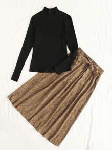 Mulvari Rib-Knit Tee & Leopard Tie Front Skirt Set