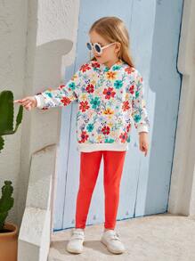 SHEIN Bộ 2 áo nỉ trùm đầu cho bé gái vẽ tay họa tiết hoa và quần legging màu cam, SUNSHINE KIDS - Nhiều màu - Xem 1