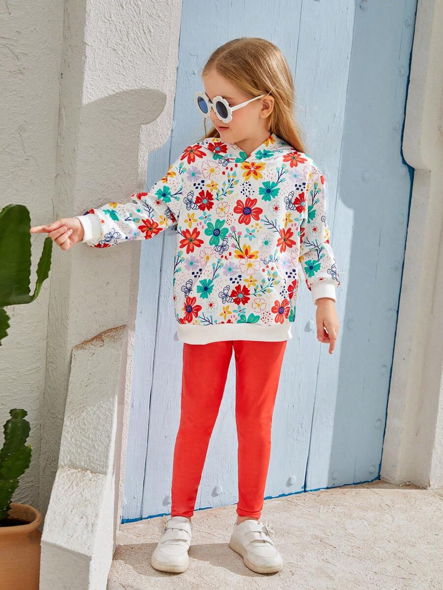 SHEIN Bộ 2 áo nỉ trùm đầu cho bé gái vẽ tay họa tiết hoa và quần legging màu cam, SUNSHINE KIDS - Nhiều màu - Xem 1