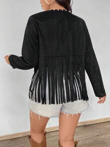Front Beaded Tassel Hem Plus Size Long Sleeve Jacket Fall Winter Cloth For Women Autumn - Black - View 2