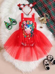 Pelele de una pieza para bebé niña con estampado de unicornio y copos de nieve navideños, diseño divertido con contraste de malla, conjunto para fiesta y días festivos