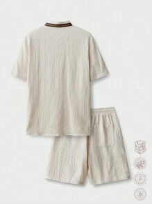 Manfinity VCAY 男士双层竹节面料宽松短袖梭织衬衫套装，返校 - 卡其色 - 查看 2