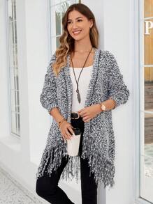 EMERY ROSE Woman Long Sleeve Floral Cardigan With Fringe Hem - Black and White - View 5