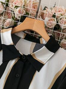 SHEIN LUNE 大码女式夏季波浪条纹长袖休闲衬衫裙长款女装 - 彩色 - 查看 5