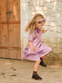 SHEIN 1pc Plaid Pattern Short Sleeve Polo Dress, Elegant Casual Back To School Style Suitable For Outing - Purple - View 6