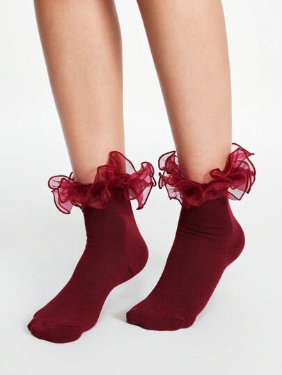 Kawaii 1 Pair Ladies Wine Red Floral Trim 2-Way Wear Mid-Calf Socks