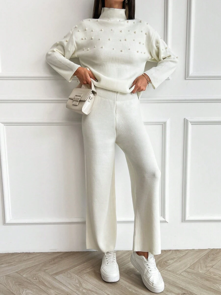 EURMUSE Women Pearl Detailed Sweater Two Piece Sets - White - View 1