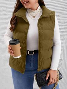 SHEIN LUNE Chaleco acolchado de talla grande para mujer de unicolor con cremallera frontal, chaqueta y parkas de invierno acolchadas y engrosadas, chaqueta ligera empaquetable con cremallera completa