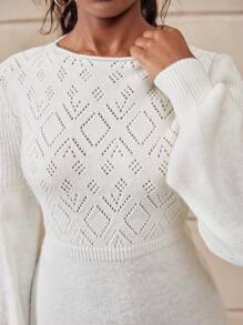 Teen Girl's Knitted Sweater Dress,Green And White,Autumn,Elegant,Formal,Form-Fitting Waistline 3D Floral Patterns,Soft Cozy Long Sleeve Fall Winter - White - View 5