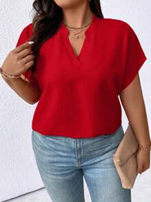 SHEIN CURVE+ Plus Size Women's Solid Color Minimalist Casual Short Sleeve Shirt For New Year Clothes - Red - View 3