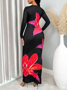VaVaBold Elegant Flower Print Slim Fit Dress, Spring & Autumn