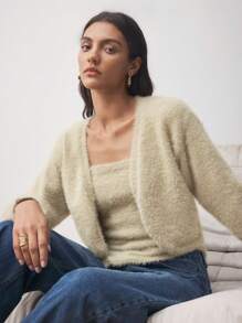 BizChic 2 件套女士蓬松开衫和针织上衣套装，冬季，土黄色 - 卡其色 - 查看 3