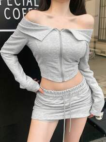 DAZY 2 件套女式露肩短款运动衫上衣和抽绳系带迷你裙套装，性感修身，秋冬 - 灰色 - 查看 6