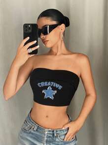 SHEIN ICON Strapless Pentagram & Letter Print Casual Top - Multicolor - View 5