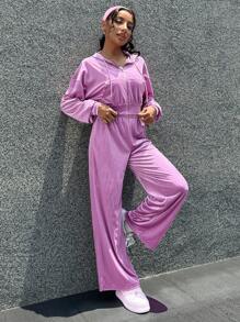SHEIN Essnce 2 件拉链连帽夹克和阔腿裤套装，母女搭配 - 粉色 - 查看 5