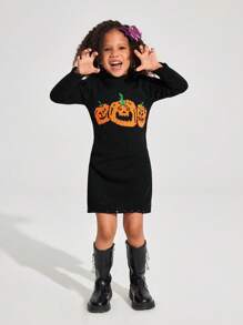 Young Girl Halloween Party Pattern Cold Shoulder Distressed Sweater Dress,Perfect For Autumn And Winter - Black - View 7
