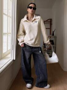 DAZY 女士宽松字母刺绣翻领长袖卫衣，长袖上衣，秋季女装，保暖内衬 - 杏色 - 查看 4