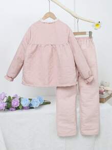 2 Stücke Mädchen Pink einfarbiges Lässig Loungewear Set mit Spitzenbesatz, Langarm - Pink - Übersicht 2
