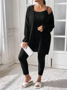 SHEIN Essnce 大码女装秋冬新款时尚休闲商务休闲女装通勤镂空服装感恩节女装套装冬季女装冬季女套装罗纹拉绒面料针织面料黑色长款开衫+吊带背心+打底裤三件套女秋季套装服装套装冬季女装套装女秋季套装 - 黑色 - 查看 7