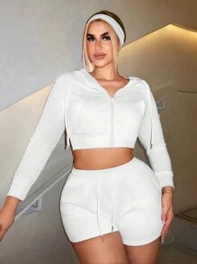 VaVaBold 2 件女式拉链连帽夹克和抽绳腰部修身短裤套装 - 白色 - 查看 5