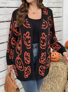 Halloween Plus Size Women's Casual Pumpkin Print Long Sleeve Loose Cardigan, Autumn/Winter Fall Cloth For Women - Black - View 1