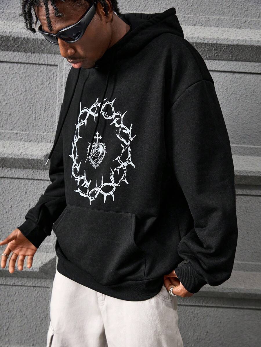 PAVTROS Luźny krój męska bluza z kapturem z długim rękawem i nadrukiem w kreskówkowe wzory, Halloween