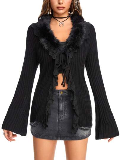 Hippie Women's Lace Trim Frilled Flared Sleeve Knit Cardigan