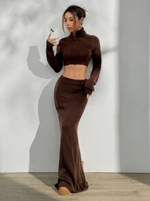 Flirla Set de 2 piezas que incluye un jersey ajustado de cuello alto y manga larga, y una falda con bajo de sirena, conjunto de otoño