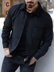 Manfinity Homme Men's Casual Solid Color Shacket, Spring & Autumn - Black - View 6