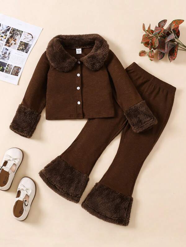 SHEIN Young Girl Furry Lapel & Cuffs Patchwork Jacket Top And Flare Legs Furry Patchwork Pants For Fall Winter Fashion