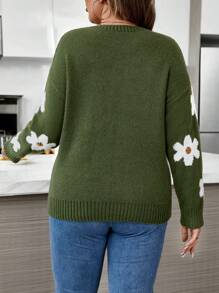 Calvaya Plus Size Women Colorblock Floral Print Crew Neck Long Sleeve Pullover Sweater, Winter Knit Pullover Fall Outfit - Green - View 2